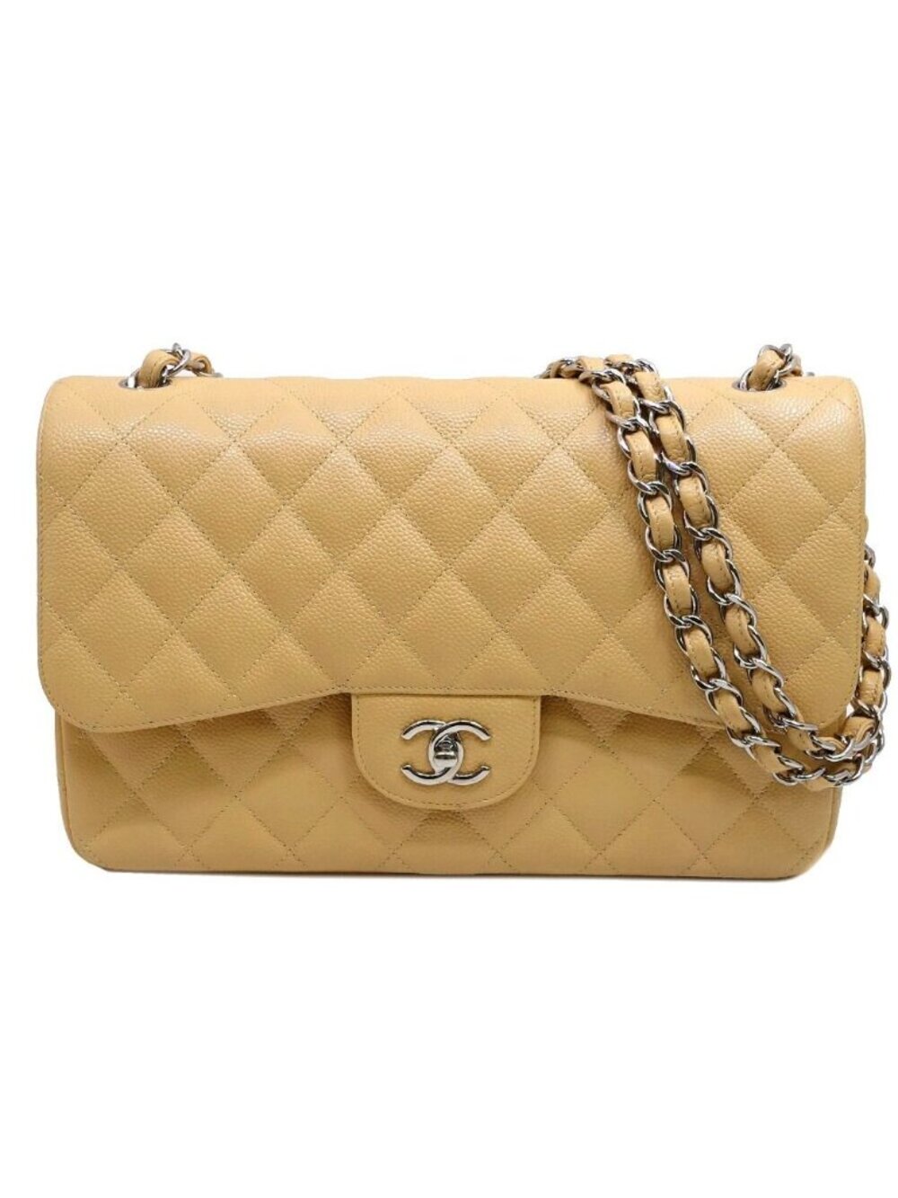 Chanel Maxi Quilted 30 Shoulder Bag Caviar Leather Beige Silver Double Flap